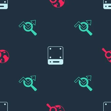 Set Search globe, Server and data analysis on seamless pattern. Vector Stock Illustration