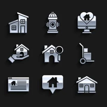 Set Search house, Map pointer with, House, Hand truck and boxes, Hanging sign Stock Illustration