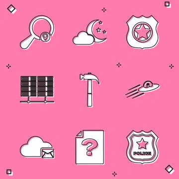 Set Search location, Cloud with moon and stars, Police badge, Server, Data, Web Stock Illustration