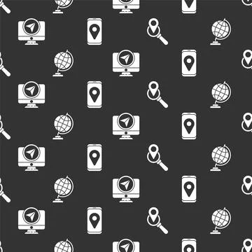 Set Search location, Earth globe, Monitor with location marker and City map Stock Illustration