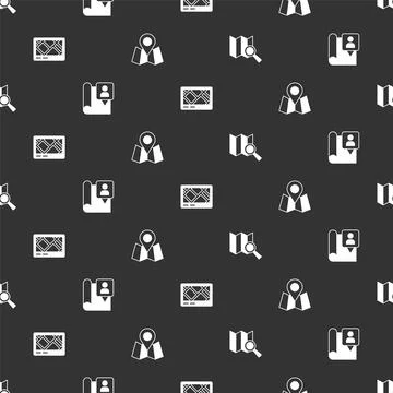 Set Search location Folded map with marker Gps device and on seamless pattern Stock Illustration