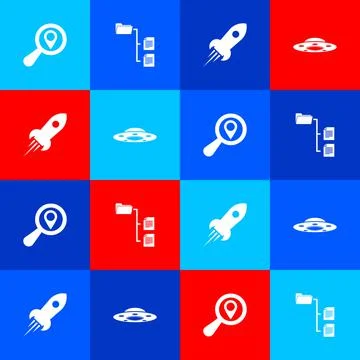Set Search location, Folder tree, Rocket ship with fire and UFO flying spaceship Stock Illustration