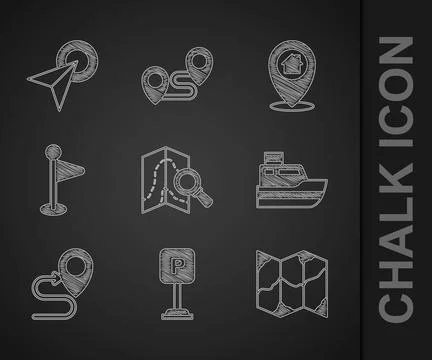 Set Search location, Parking, Folded map, Ship line path, Route, Location m.. Stock Illustration