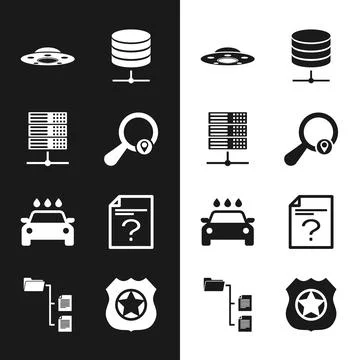 Set Search location, Server, Data, Web Hosting, UFO flying spaceship, , Car w Stockillustratie