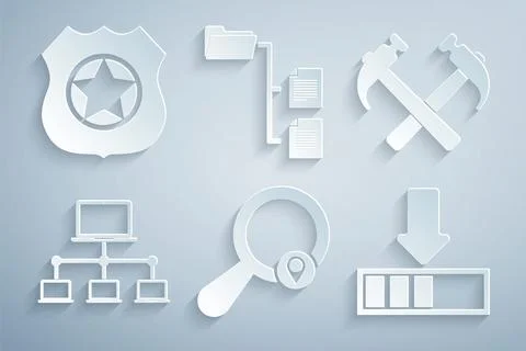 Set Search location, Two crossed hammers, Computer network, Loading, Folder tree Stockillustratie