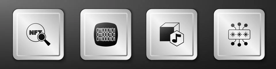Set Search NFT, Binary code, Digital crypto art and Cyber security icon. Silver Stock Illustration