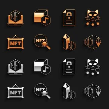 Set Search NFT, Digital crypto art, Ethereum exchange, Document and lock, Laptop Stock Illustration