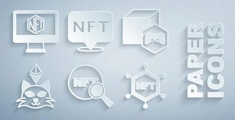Set Search NFT, Digital crypto art, blockchain technology,  and Monitor wit.. Illustrazione stock
