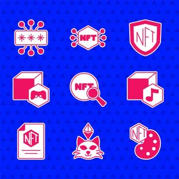Set Search NFT, Digital crypto art, contract, shield and Cyber security ico.. Stock Illustration