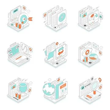 Set of Search Optimization Isometric Illustrations Stock Illustration