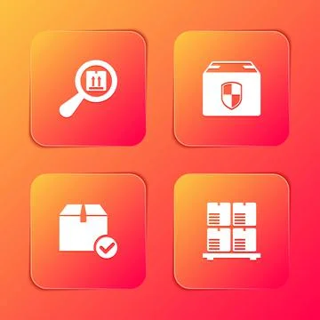 Set Search package, Delivery box security shield, Package with check mark and Illustrazione stock