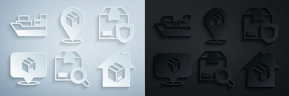 Set Search package, Delivery security with shield, Location cardboard box, Home Illustrazione stock