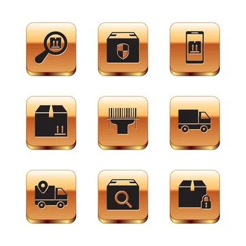 Set Search package, Delivery tracking, Scanner scanning bar code, Cardboard box Stock Illustration