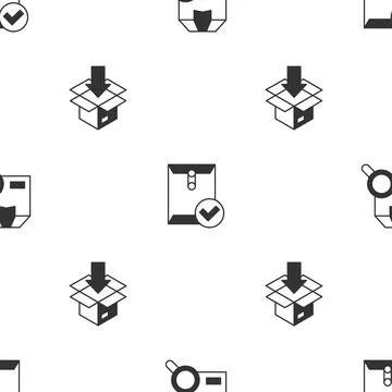 Set Search package, Envelope and check mark and Carton cardboard box on seamless Stock Illustration