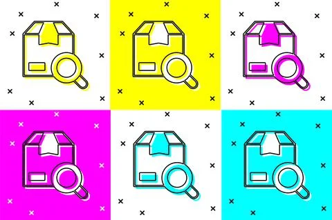 Set Search package icon isolated on color background. Parcel tracking symbol Stock Illustration