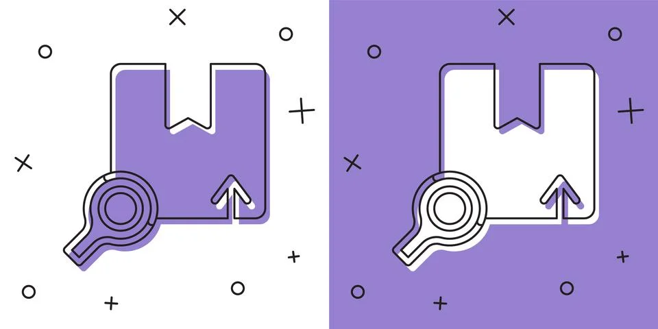 Set Search package icon isolated on white and purple background. Parcel tracking Stock Illustration