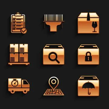 Set Search package, Placeholder on map, Delivery with umbrella, Locked, truck Stock Illustration