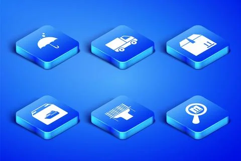 Set Search package, Umbrella and rain drops, Scanner scanning bar code, Cargo Stock Illustration