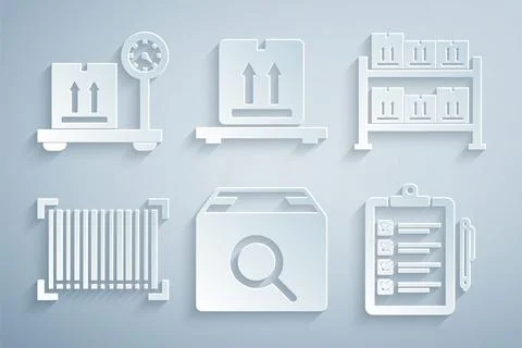 Set Search package, Warehouse, Barcode, Verification of delivery list, Cardboard 스톡 일러스트