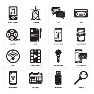 Set of Search, Pendrive, Smartphone, Microphone, Wifi, Film reel, Chat, Music 무료 스톡 일러스트