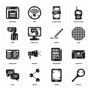 Set of Search, Tablet, Chat, Newspaper, Open book, Pencil, User, Smartphone,  無料イラスト素材