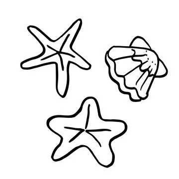 Set of seashells and starfish, doodle simple silhouette icons, vector Stock Illustration