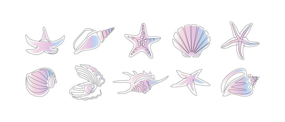 Set of seashells and starfishes. Continuous one line drawing of oyster mollusk Stock Illustration