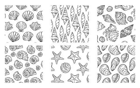 Set of seashells black and white seamless vector background. Vector graphic.. Stock Illustration