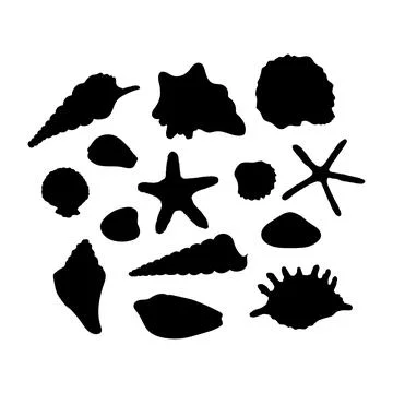 Set of seashells. Collection of sea shells silhouette of various shapes. Mari 스톡 일러스트