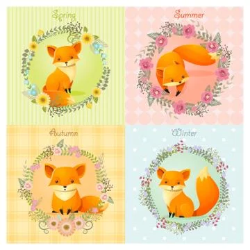 Set of season background with fox Stock Illustration