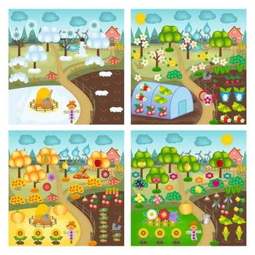Set of seasonal vector gardening landscapes for kids Stock Illustration