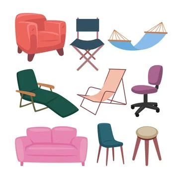 Set of Seat Chairs Isolated Element Objects with Dinning, Stool, Sofa, Armc.. Stock Illustration