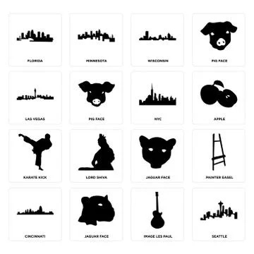 Set of seattle, image les paul, cincinnati, jaguar face, karate kick, nyc, la Free Stock Illustration