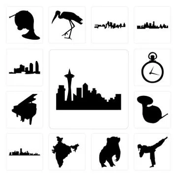 Set of seattle skyline on white background, , karate kick, badger, india map, 무료 스톡 일러스트