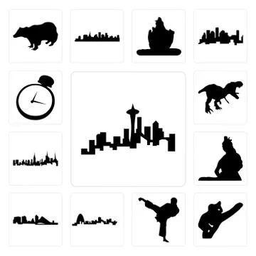 Set of seattle skyline on white background, , koala, karate kick, missouri, w Illustrazione stock gratuita