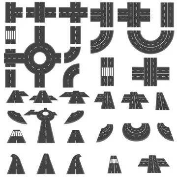 Set of sections of roads and various roundabout intersection. Top view and .. Stock Illustration