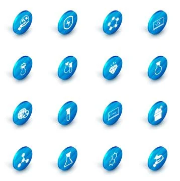Set Secure shield with lightning, Molecule, Square root of x glyph, Test tu.. Stock Illustration