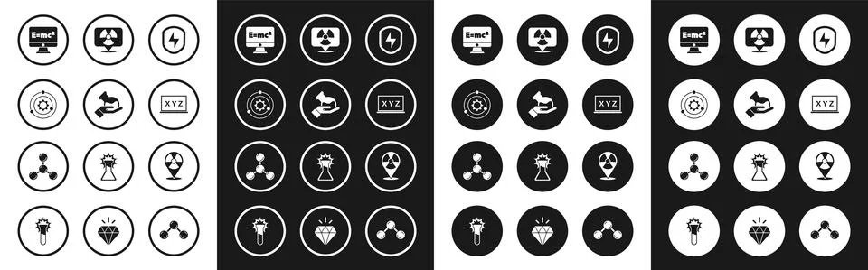 Set Secure shield with lightning, Test tube and flask, Solar system, Equation Stock-Illustration