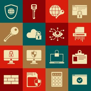 Set Secure your site with HTTPS, SSL, Identification badge, Paper shredder 库存插图