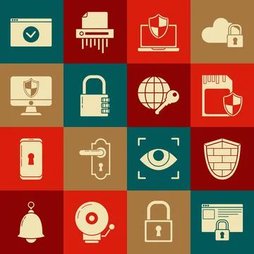 Set Secure your site with HTTPS, SSL, Shield cyber security brick wall, SD card イラスト素材