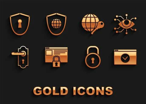 Set Secure your site with HTTPS, SSL, Eye scan, Lock, Door handle, Globe key 库存插图
