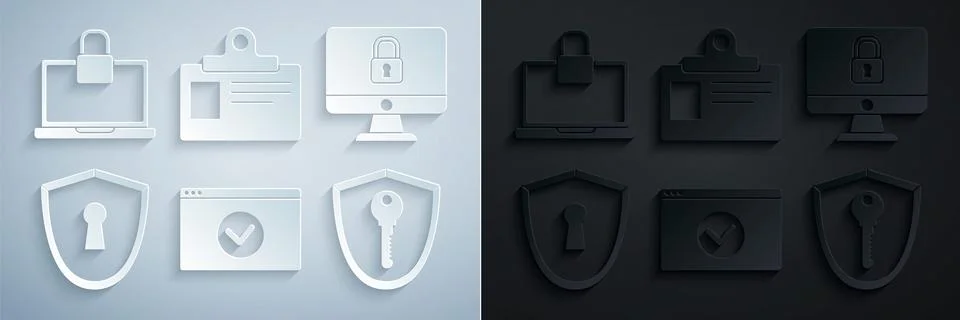 Set Secure your site with HTTPS, SSL, Lock on computer monitor screen, Shield Illustration