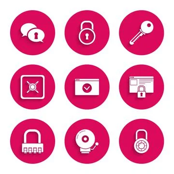 Set Secure your site with HTTPS, SSL, Ringing alarm bell, Safe combination lock Ilustração Stock