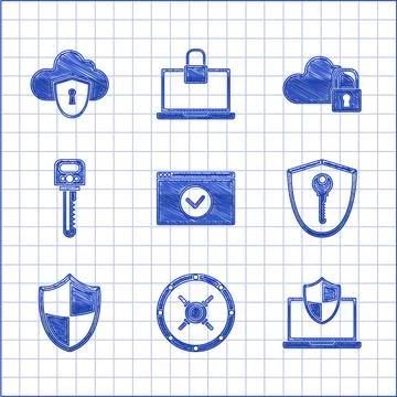 Set Secure your site with HTTPS SSL Safe Laptop protected shield Shield key K Illustration