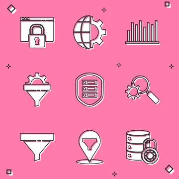 Set Secure your site with HTTPS, SSL, Globe of the Earth and gear, Pie char.. Illustration