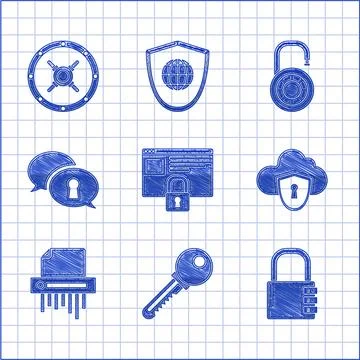 Set Secure your site with HTTPS SSL Key Safe combination lock Cloud and shiel イラスト素材