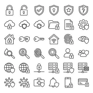 Set of security and protection icons. Includes locks, shields, keys, cloud, f Stock Illustration