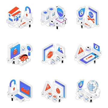 Set of Security and Protection Isometric Illustrations Stock Illustration