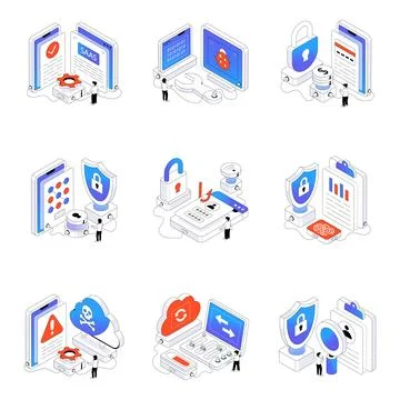 Set of Security and Safety Isometric Illustrations Stock Illustration