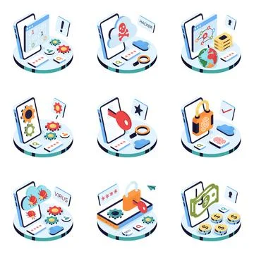 Set of Security and Safety Isometric Illustrations Stock Illustration